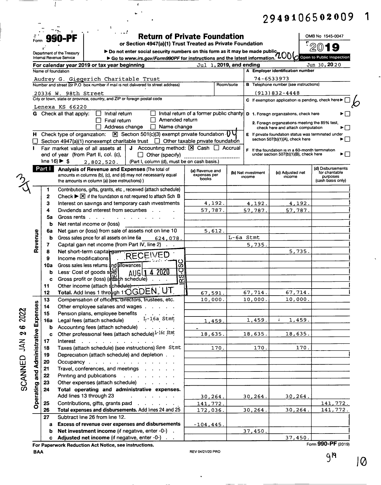 Image of first page of 2019 Form 990PF for Audrey G Giegerich Charitable Trust