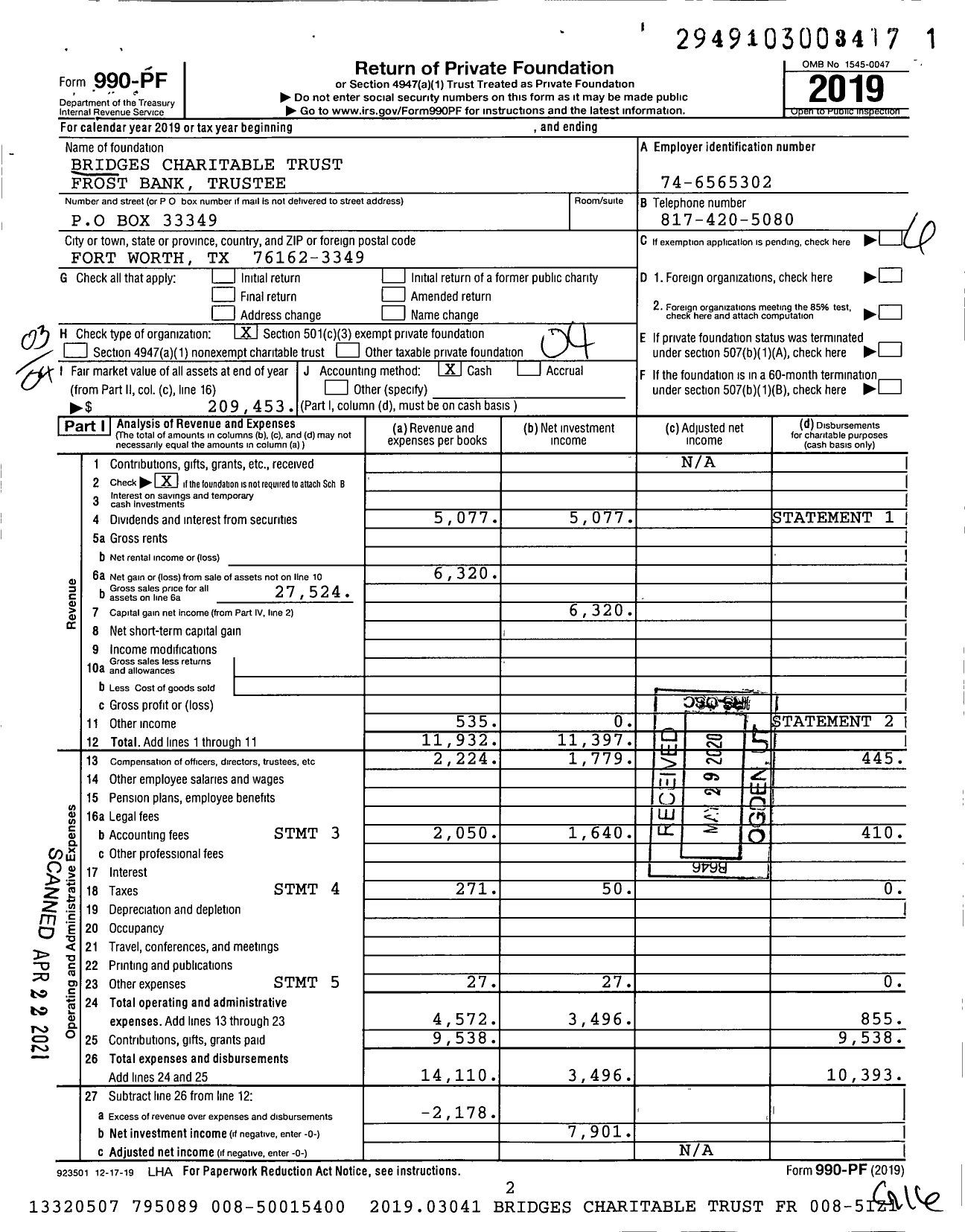 Image of first page of 2019 Form 990PF for Bridges Charitable Trust