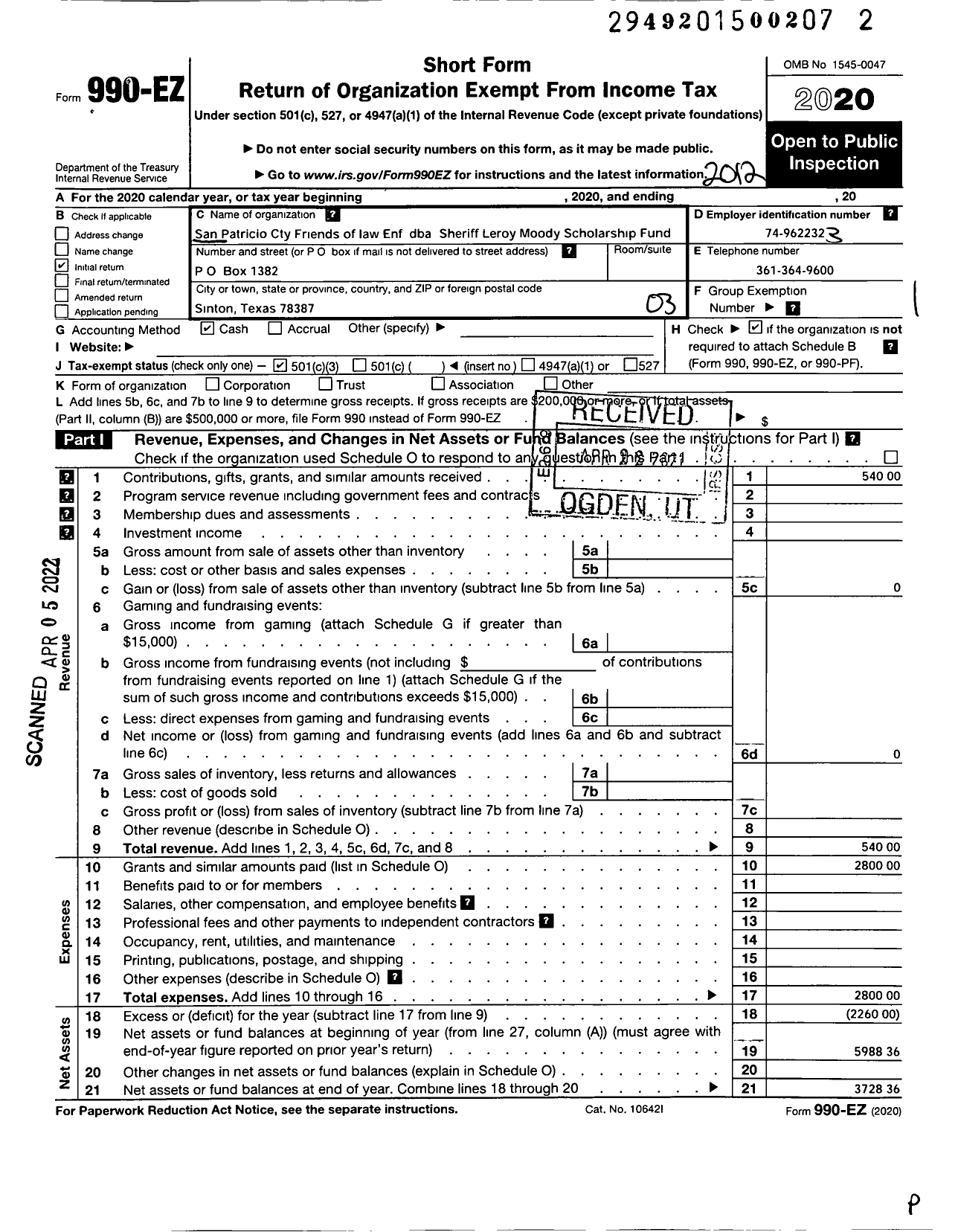 Image of first page of 2020 Form 990EZ for San Patricio County Friends of Law Enforcement