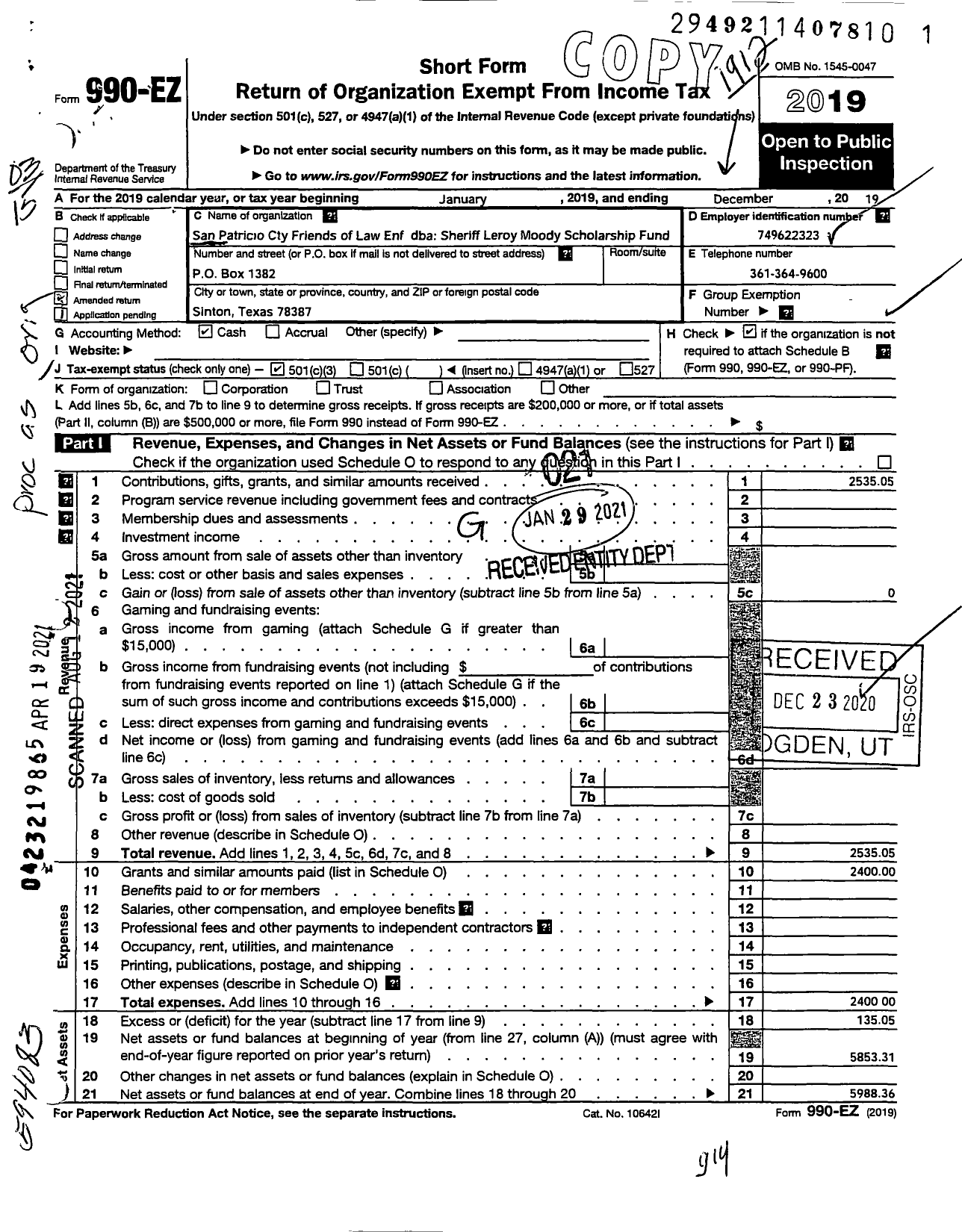 Image of first page of 2019 Form 990EZ for San Patricio County Friends of Law Enforcement