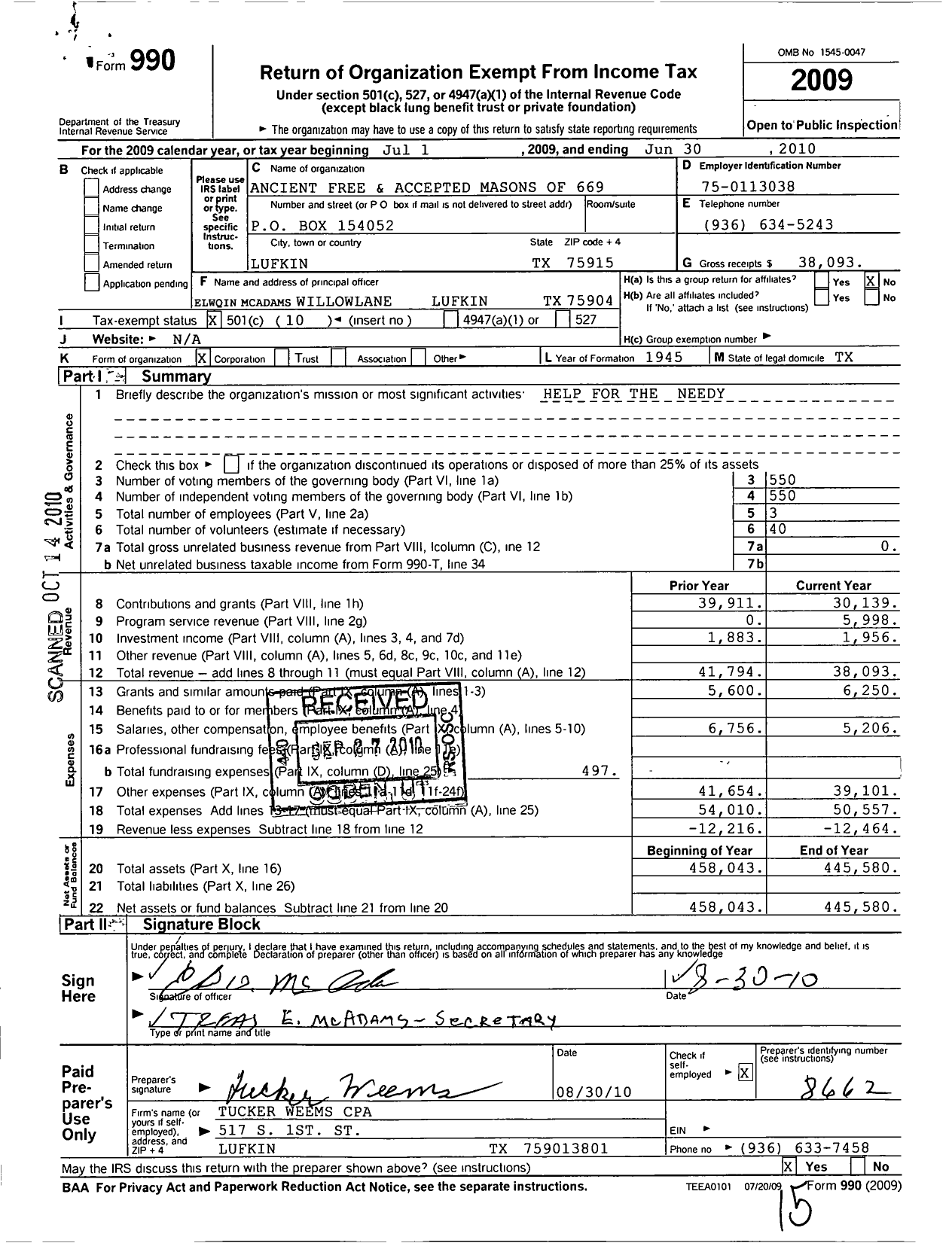 Image of first page of 2009 Form 990O for Freemasons in Texas - 669 Lufkin