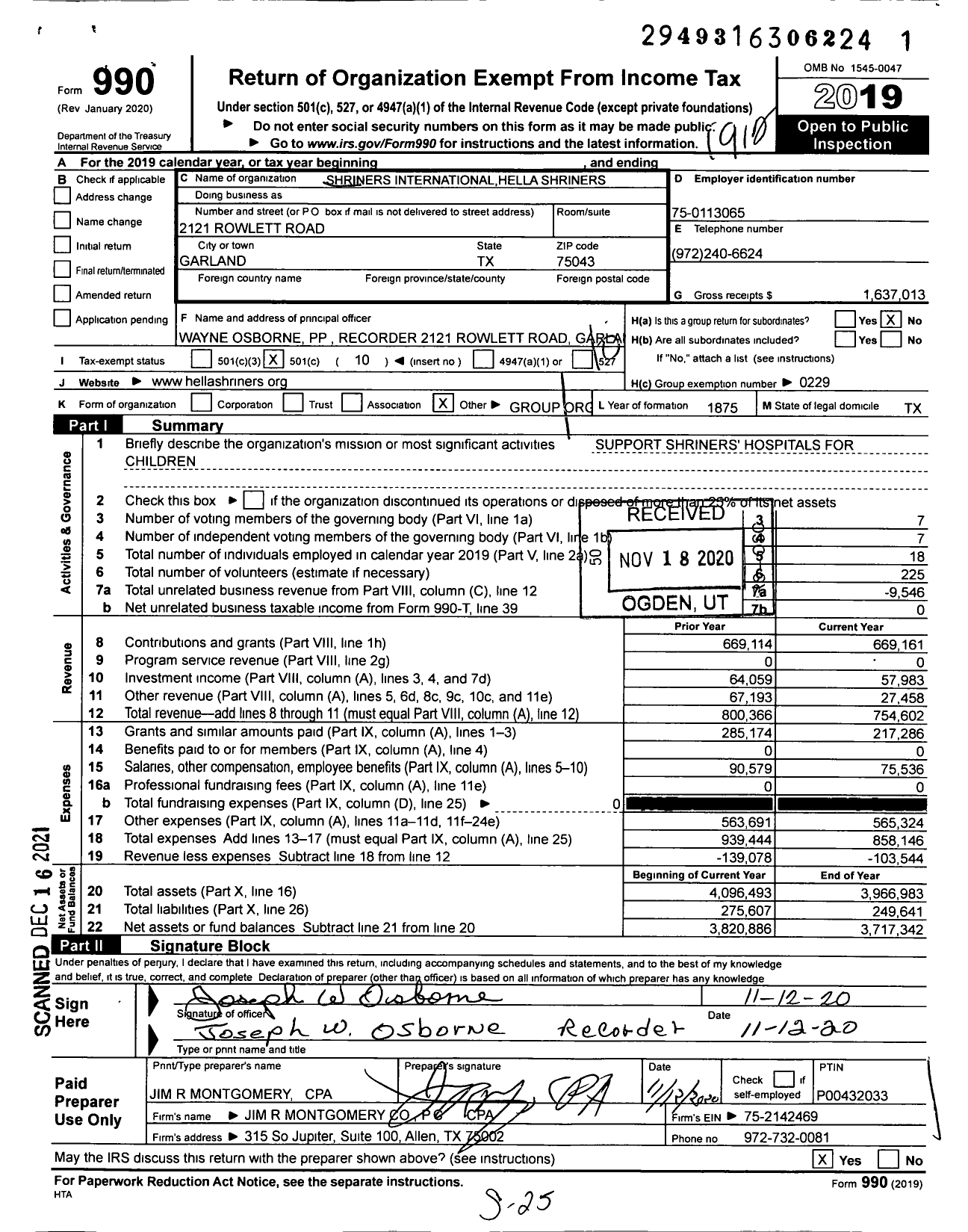 Image of first page of 2019 Form 990O for Shriners Internationalhella Shriners