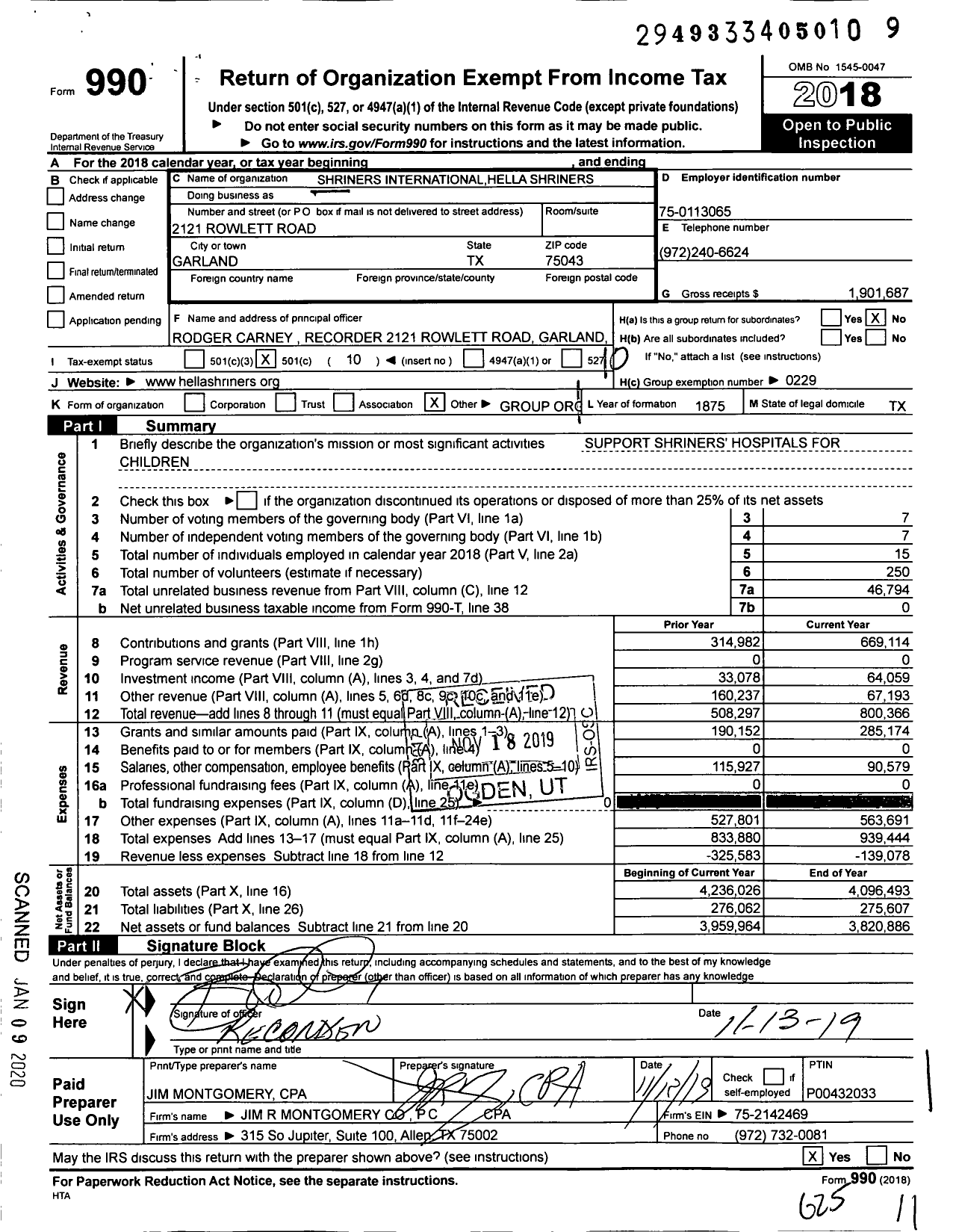 Image of first page of 2018 Form 990O for Shriners Internationalhella Shriners