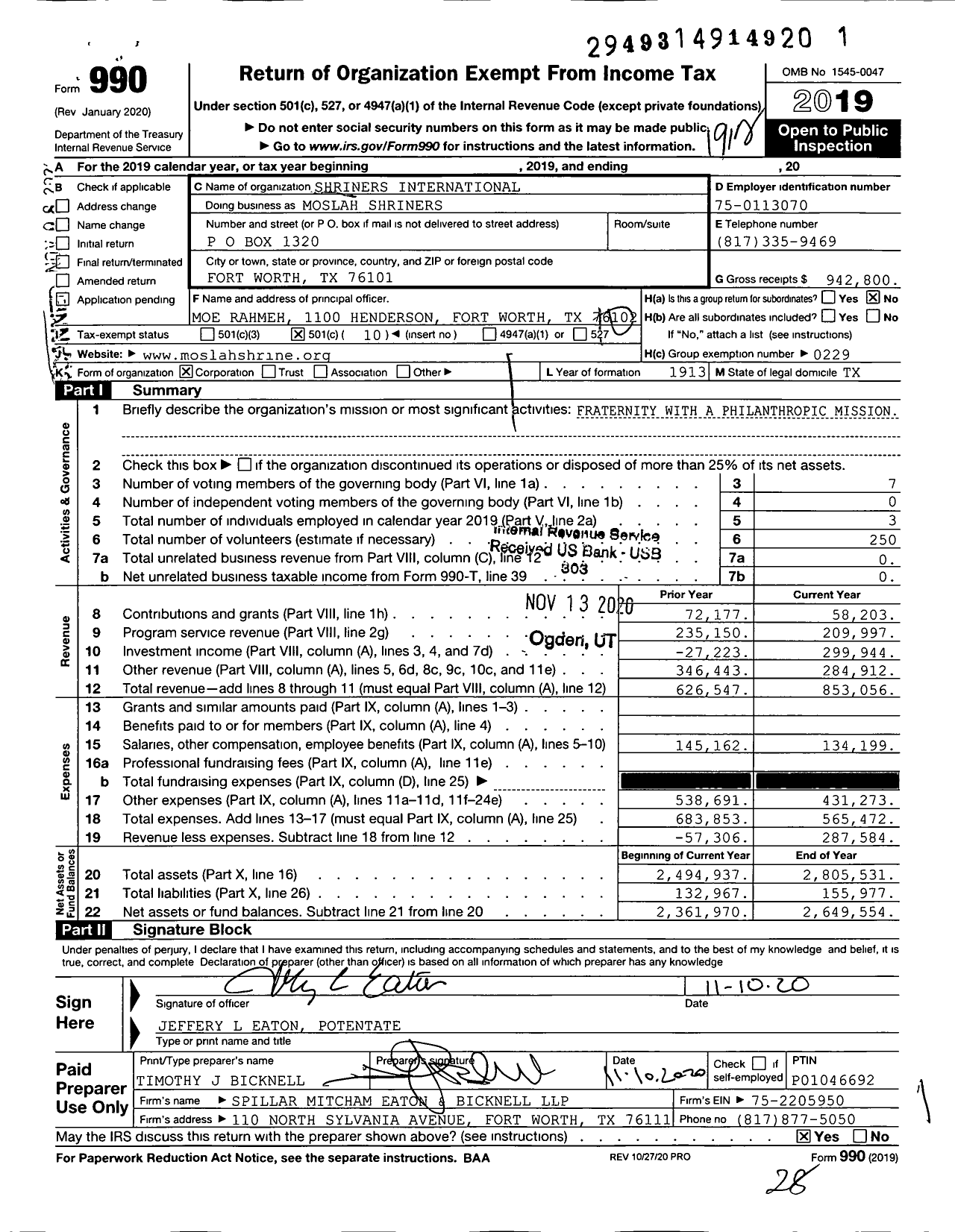 Image of first page of 2019 Form 990O for Shriners International - Moslah Shriners