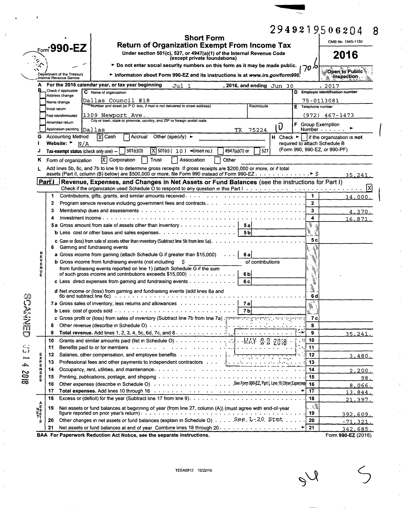 Image of first page of 2016 Form 990EO for Royal and Select Masters of Texas - Dallas Council 18