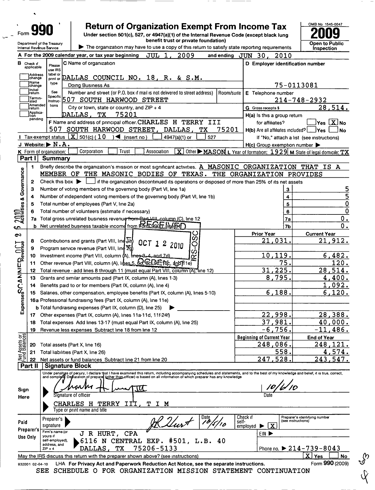 Image of first page of 2009 Form 990O for Royal and Select Masters of Texas - Dallas Council 18