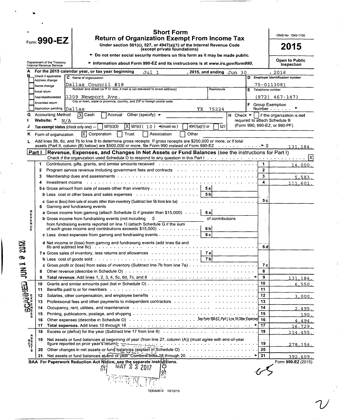 Image of first page of 2015 Form 990EO for Royal and Select Masters of Texas - Dallas Council 18