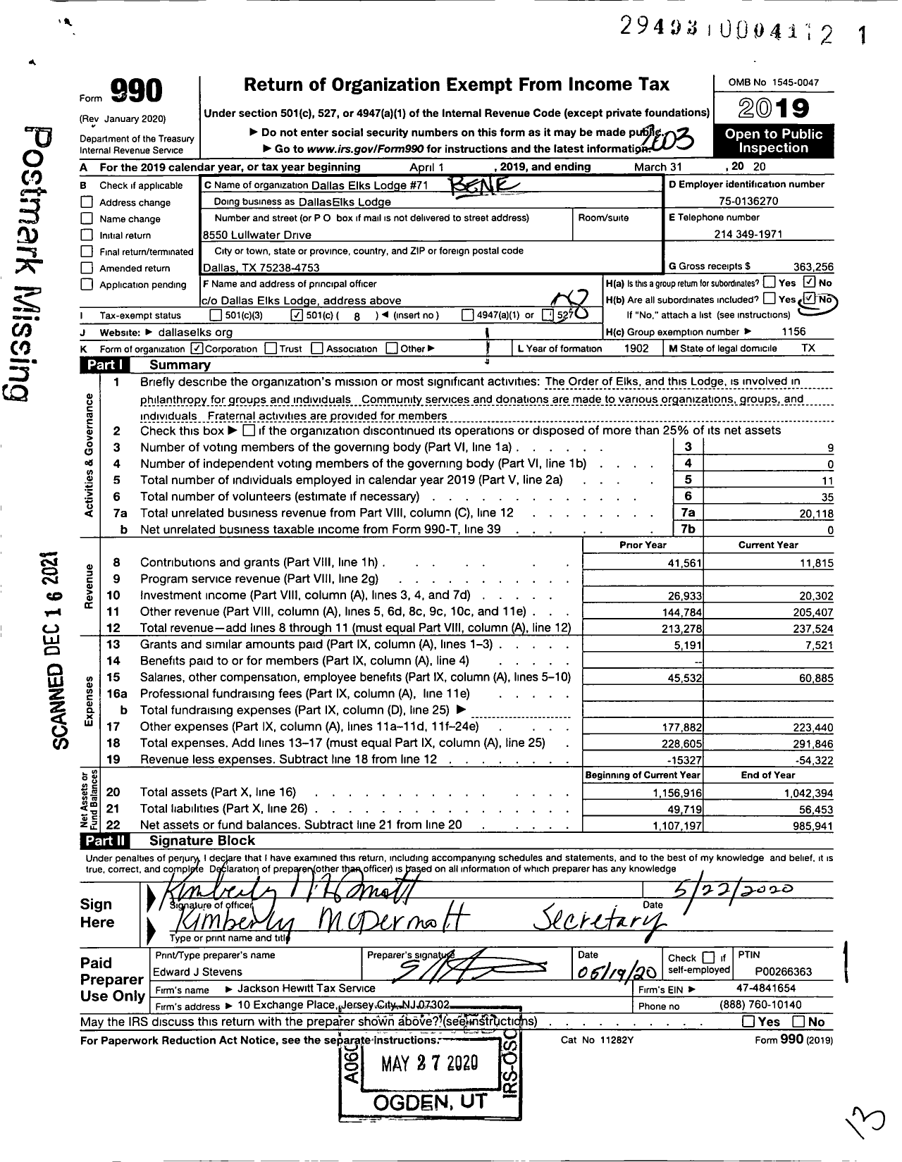 Image of first page of 2019 Form 990O for Benevolent and Protective Order of Elks - 71 Dallas