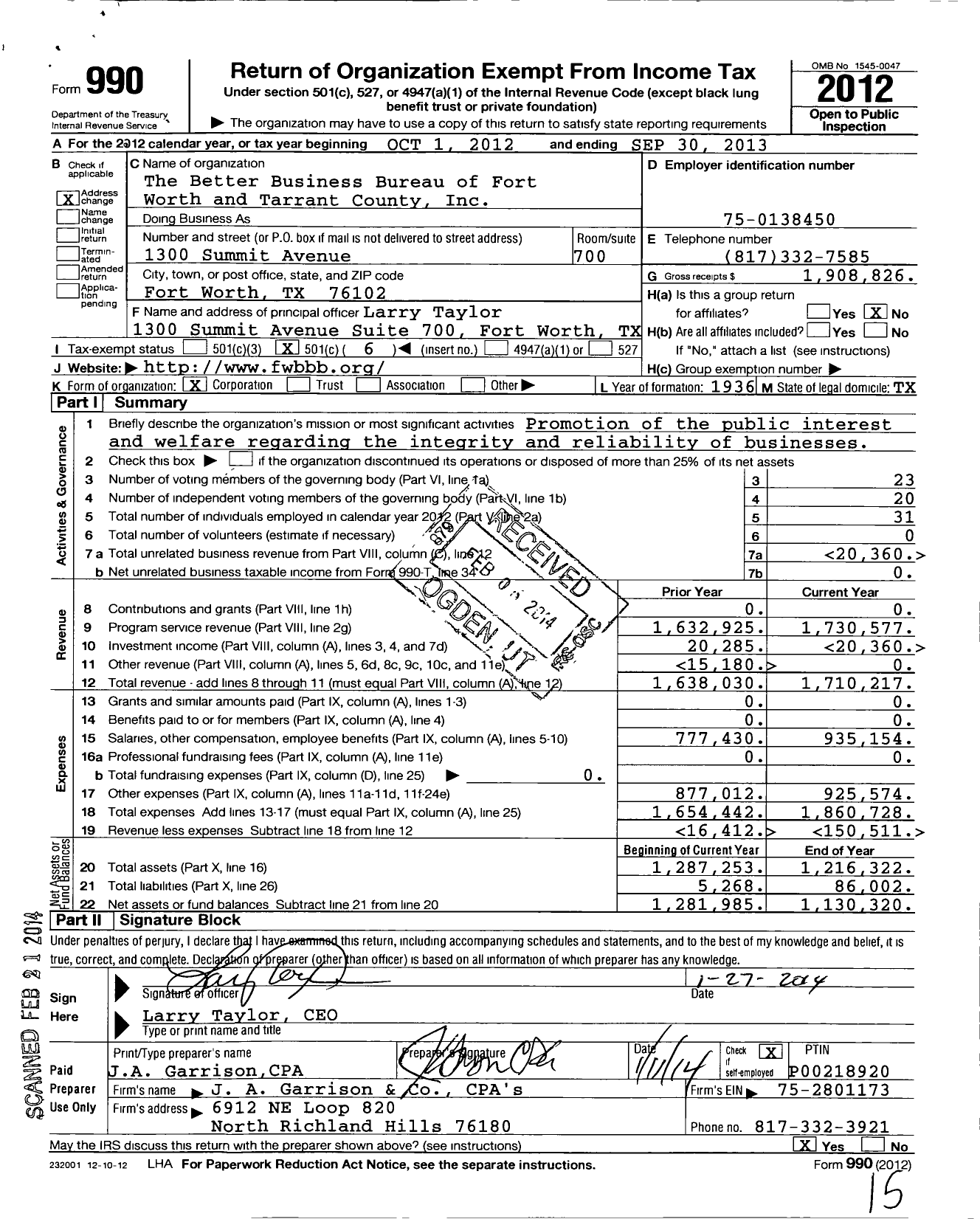 Image of first page of 2012 Form 990O for Better Business Bureau Heart of Texas