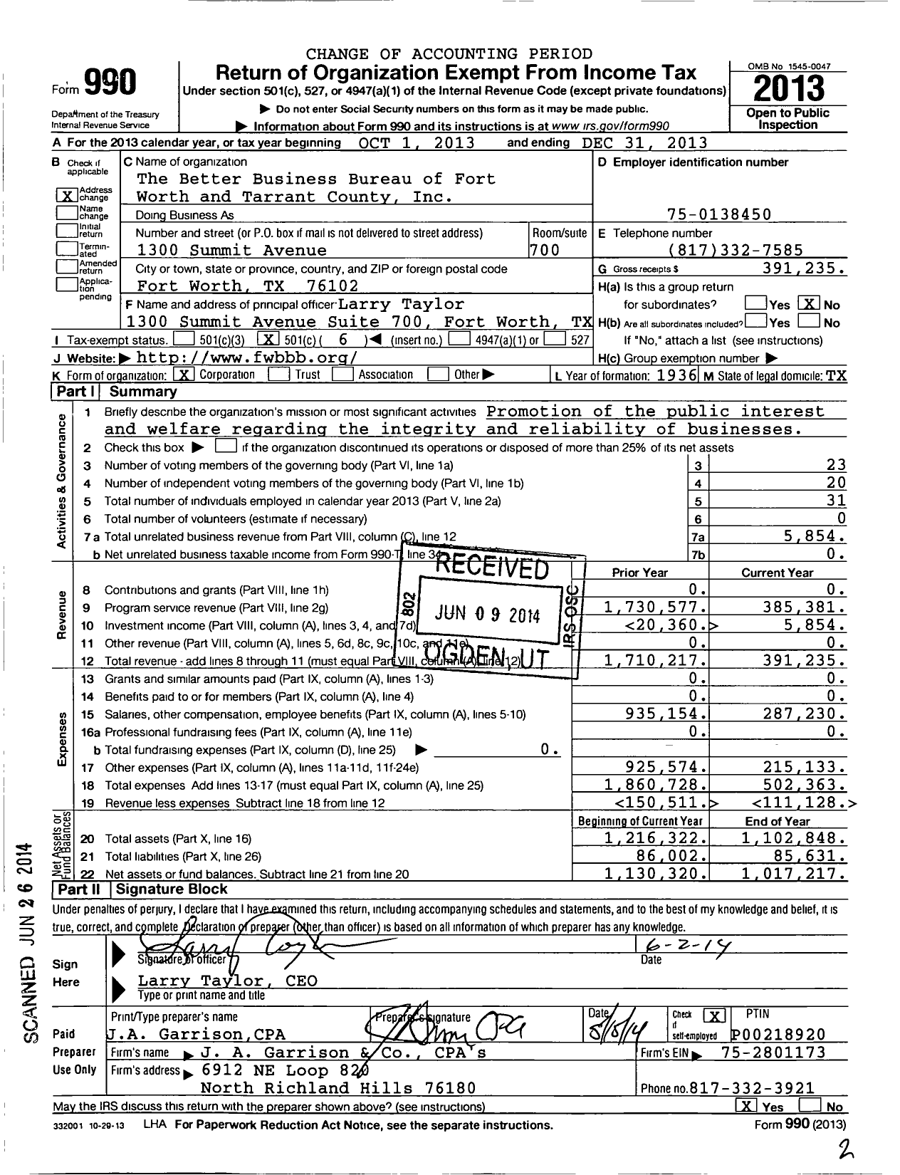Image of first page of 2013 Form 990O for Better Business Bureau Heart of Texas