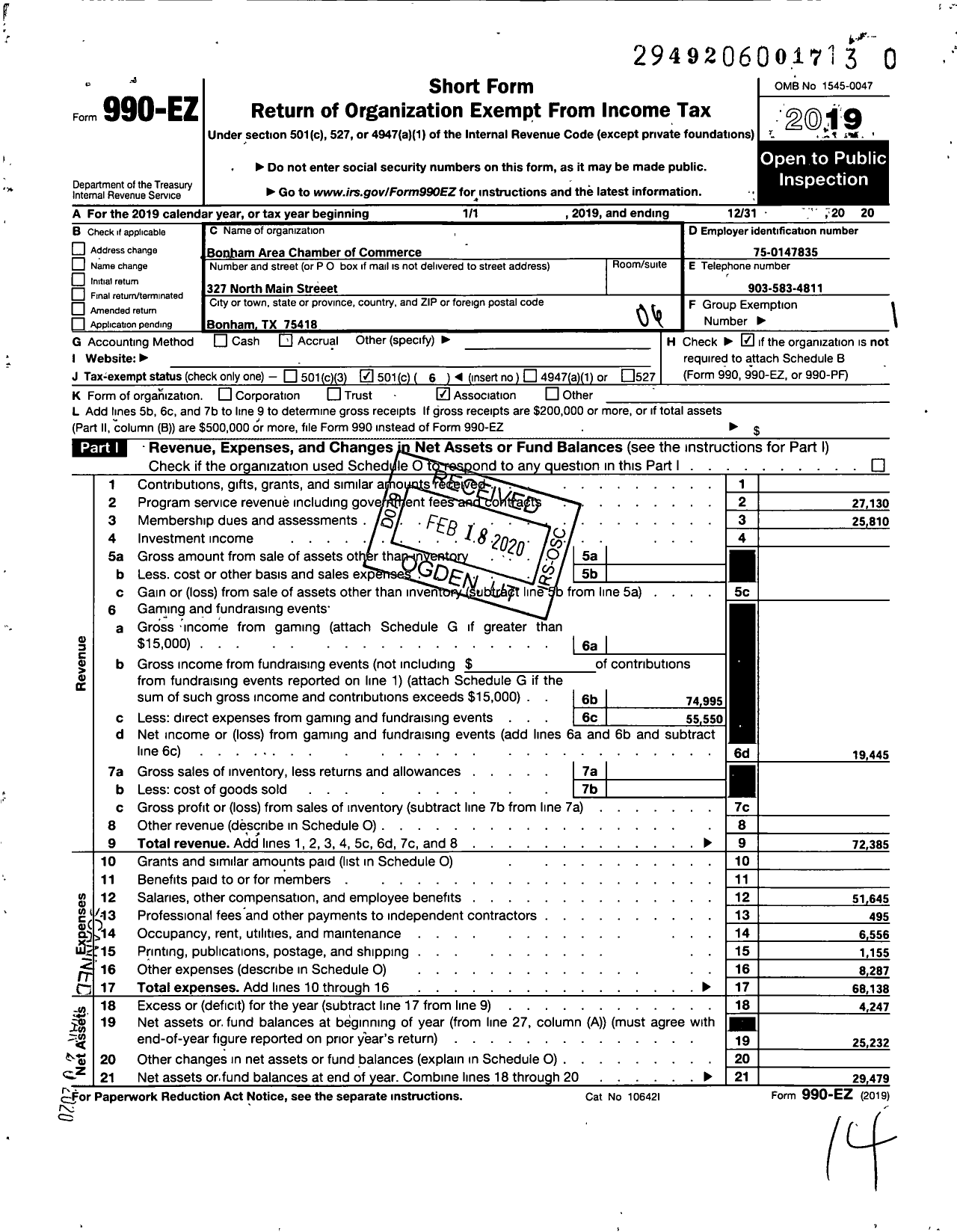 Image of first page of 2020 Form 990EO for Bonham Area Chamber of Commerce