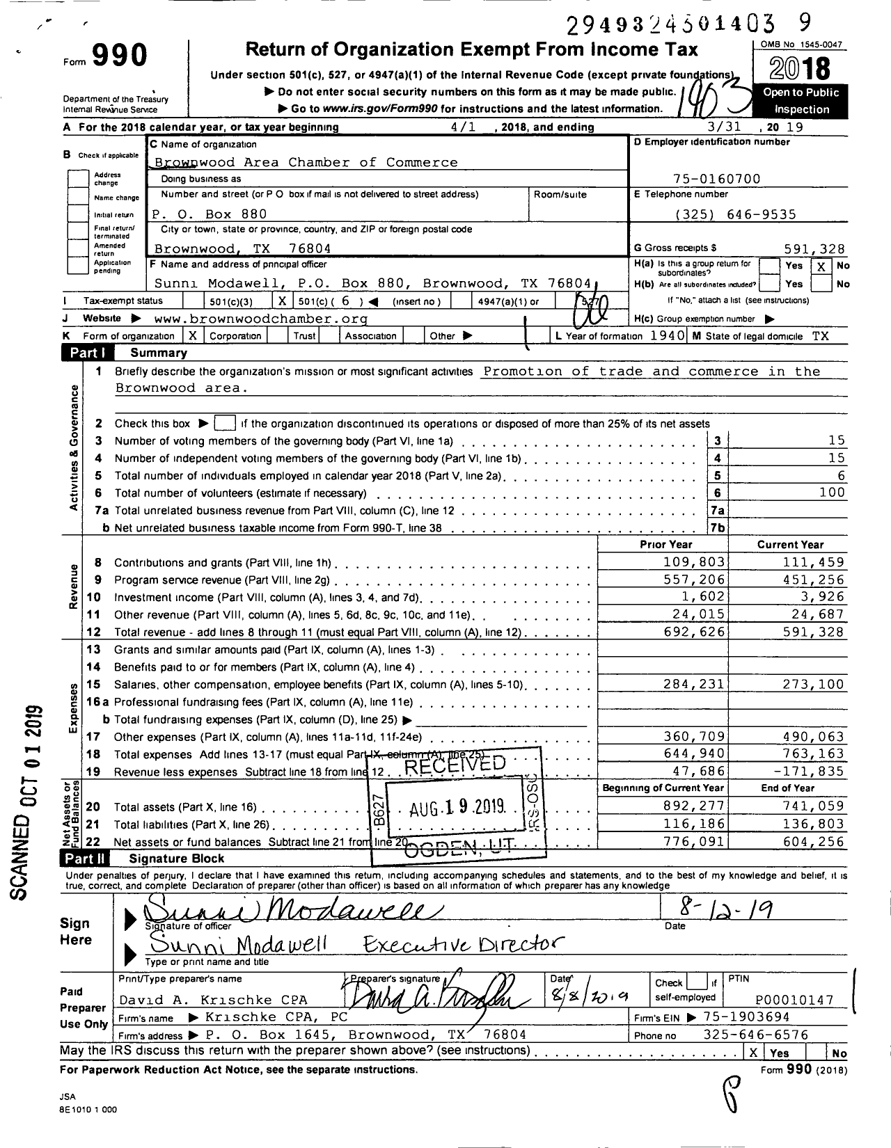 Image of first page of 2018 Form 990O for Brownwood Area Chamber of Commerce