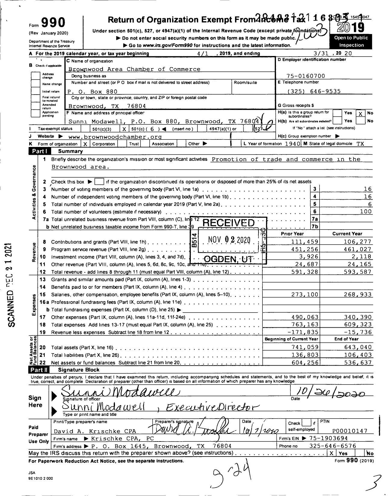 Image of first page of 2019 Form 990O for Brownwood Area Chamber of Commerce