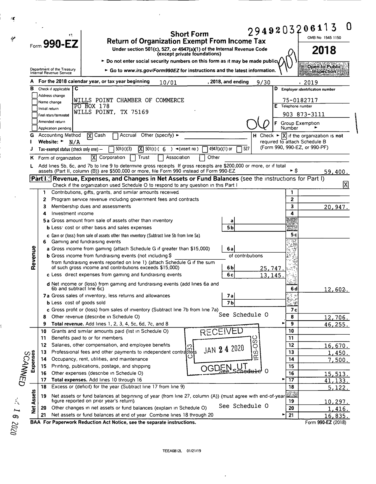 Image of first page of 2018 Form 990EO for Wills Point Chamber of Commerce