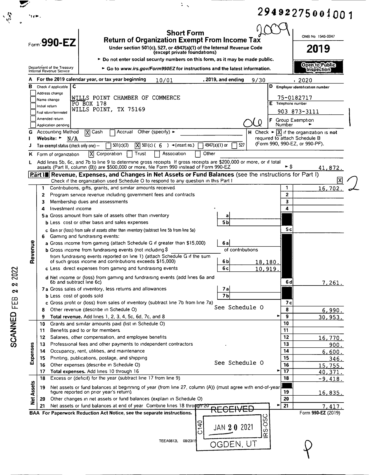 Image of first page of 2019 Form 990EO for Wills Point Chamber of Commerce