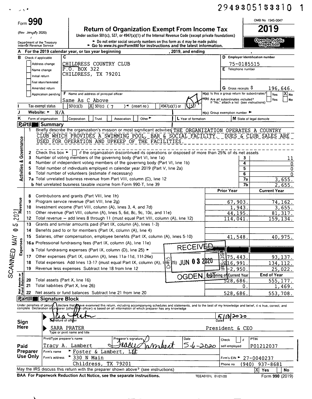 Image of first page of 2019 Form 990O for Childress Country Club