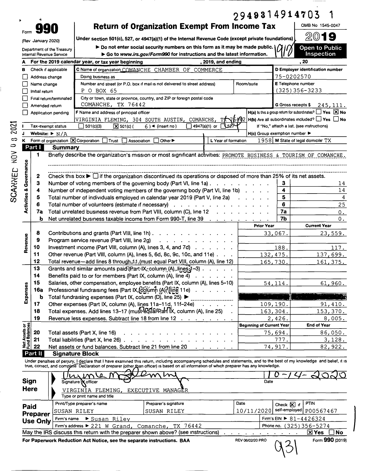 Image of first page of 2019 Form 990O for Comanche Chamber of Commerce