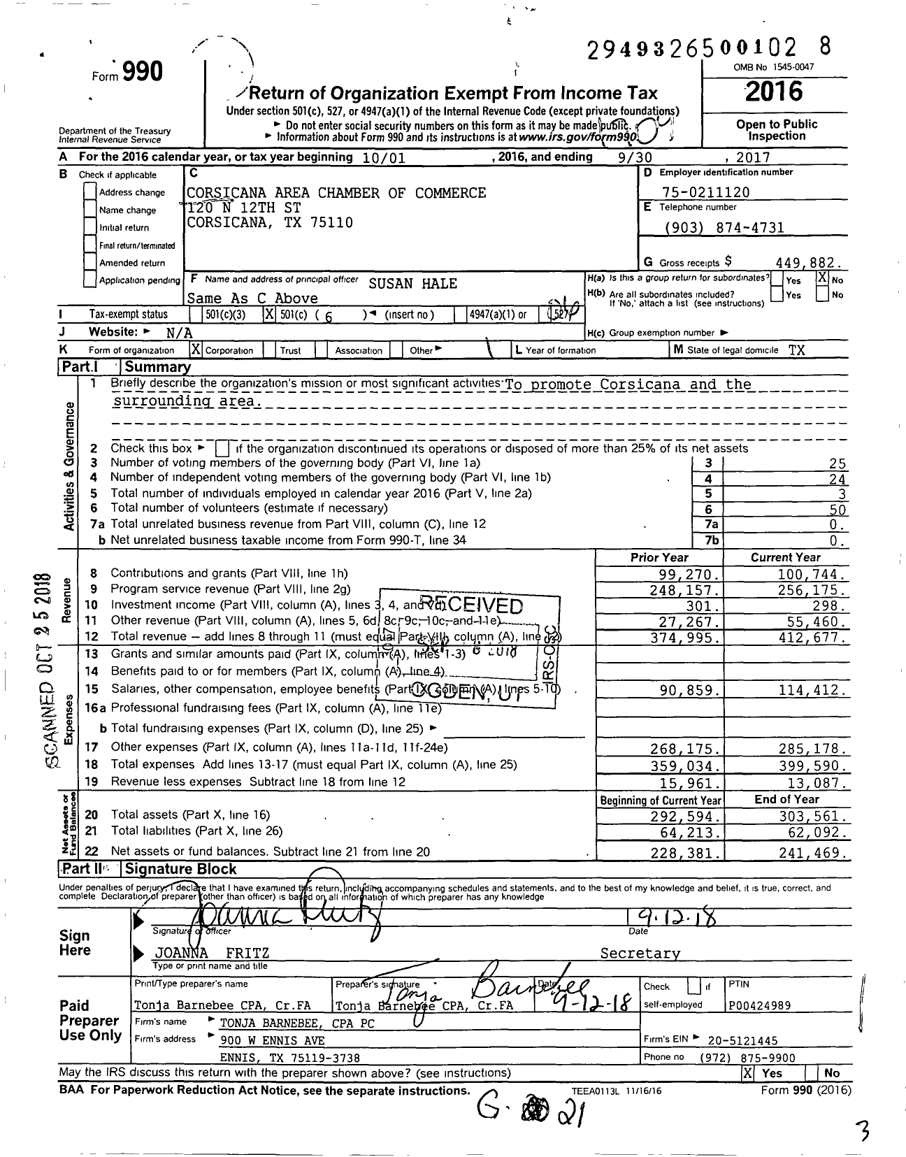 Image of first page of 2016 Form 990O for Corsicana Area Chamber of Commerce