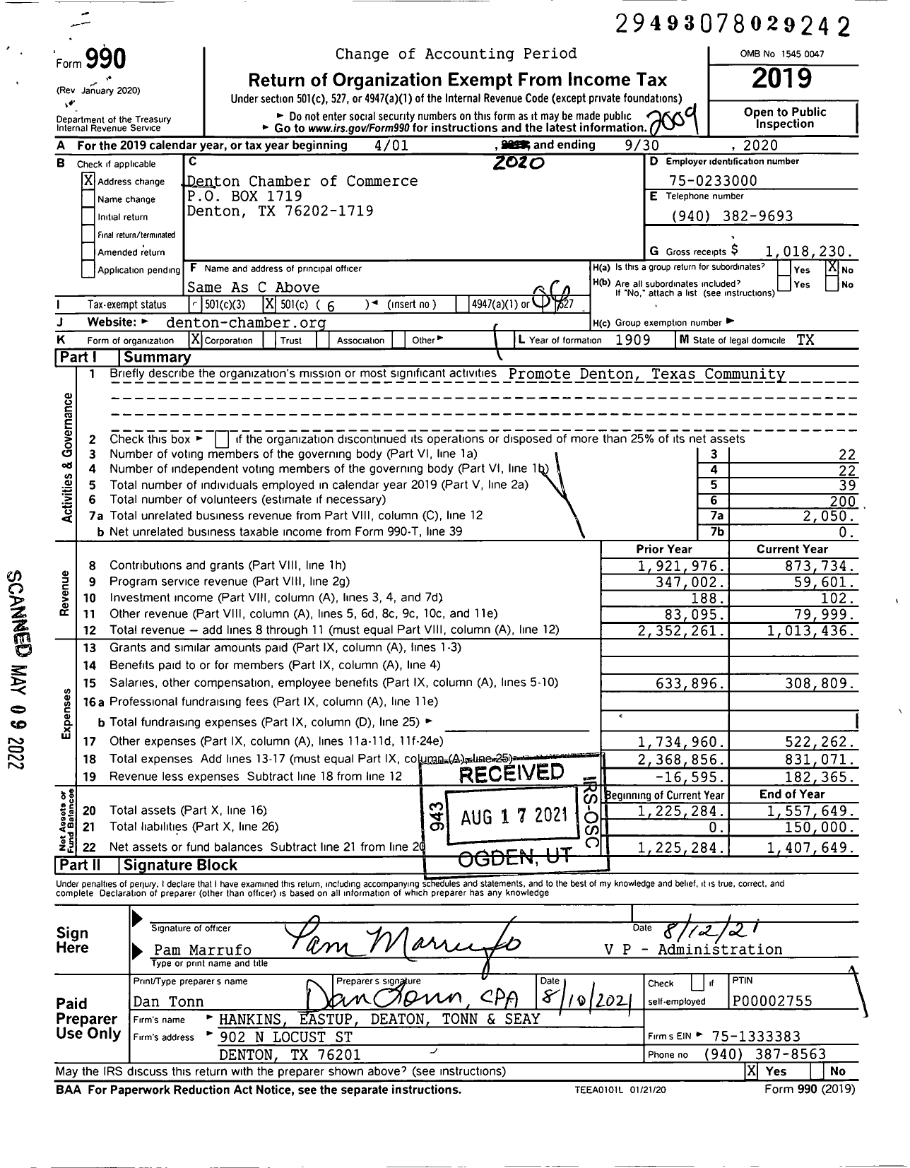 Image of first page of 2019 Form 990O for Denton Chamber of Commerce