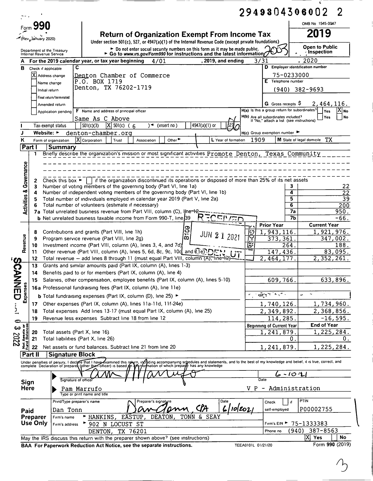 Image of first page of 2019 Form 990O for Denton Chamber of Commerce