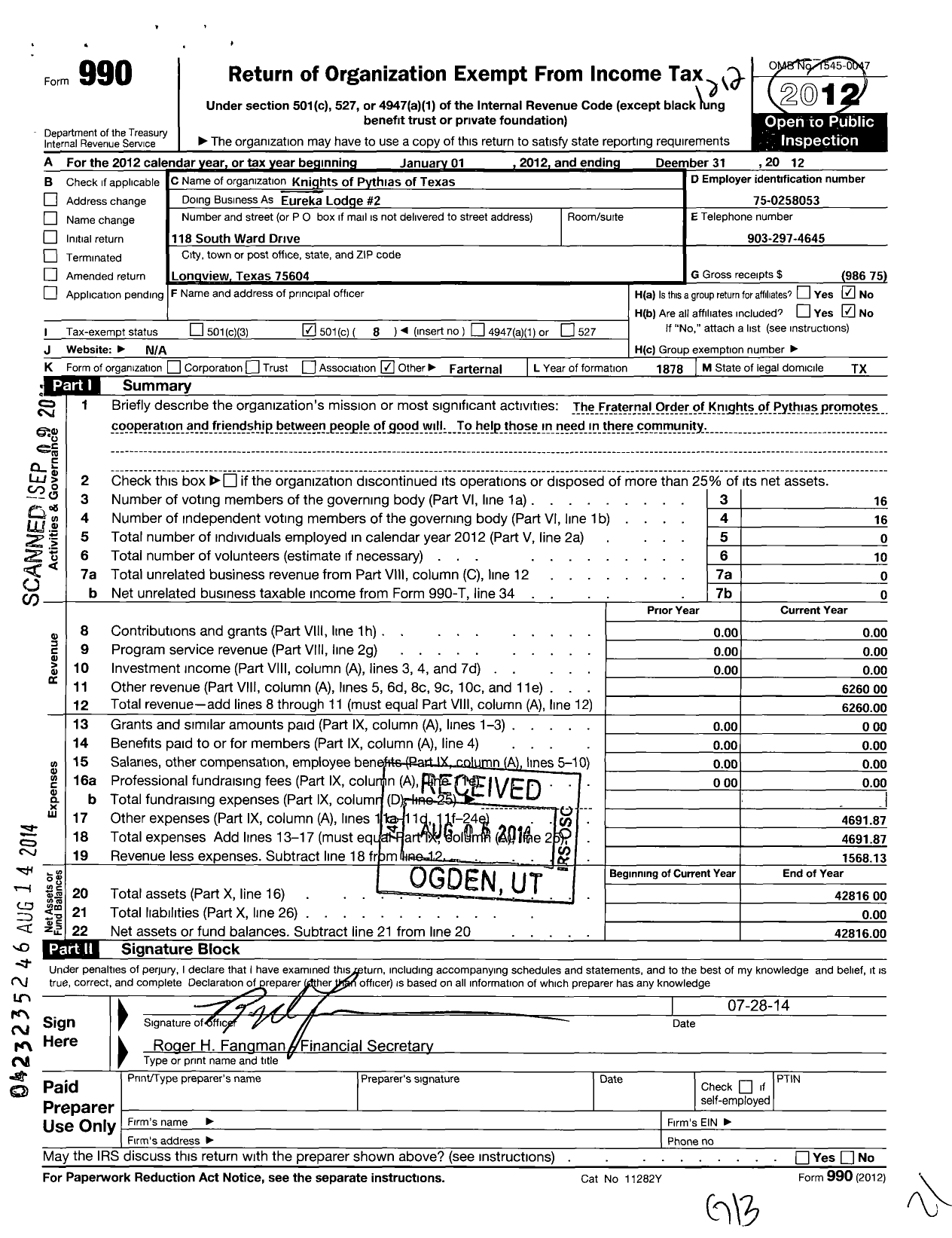 Image of first page of 2012 Form 990O for Knights of Pythias Texas - 2 Eureka