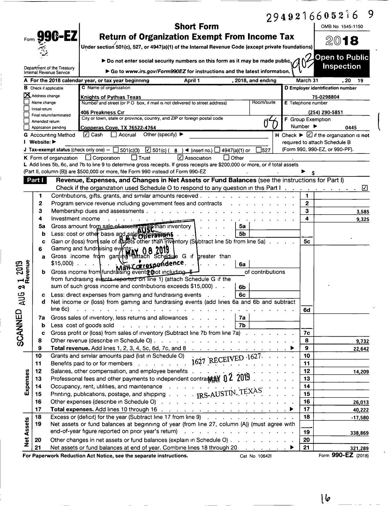 Image of first page of 2018 Form 990EO for Knights of Pythias Texas