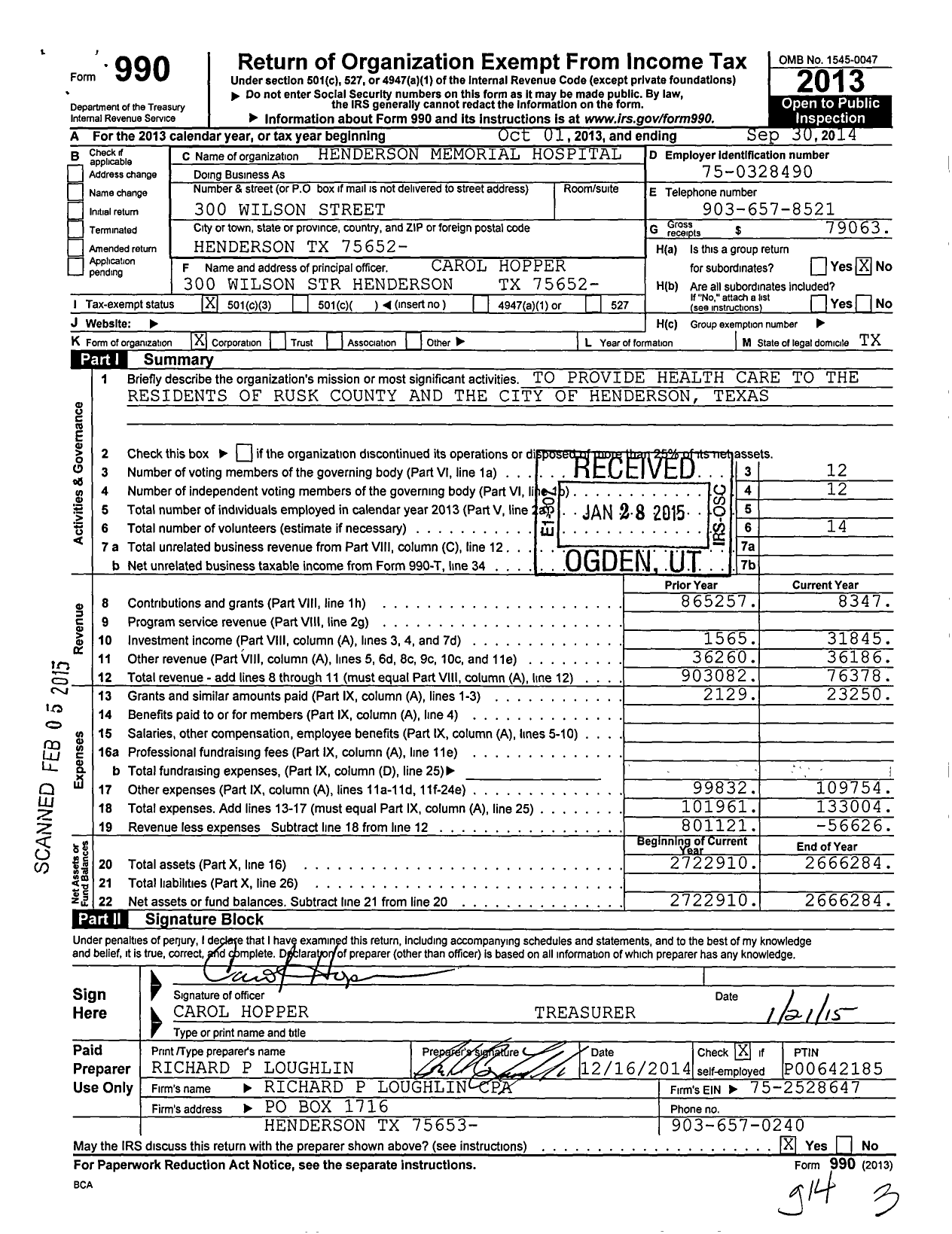 Image of first page of 2013 Form 990 for Henderson Memorial Hospital