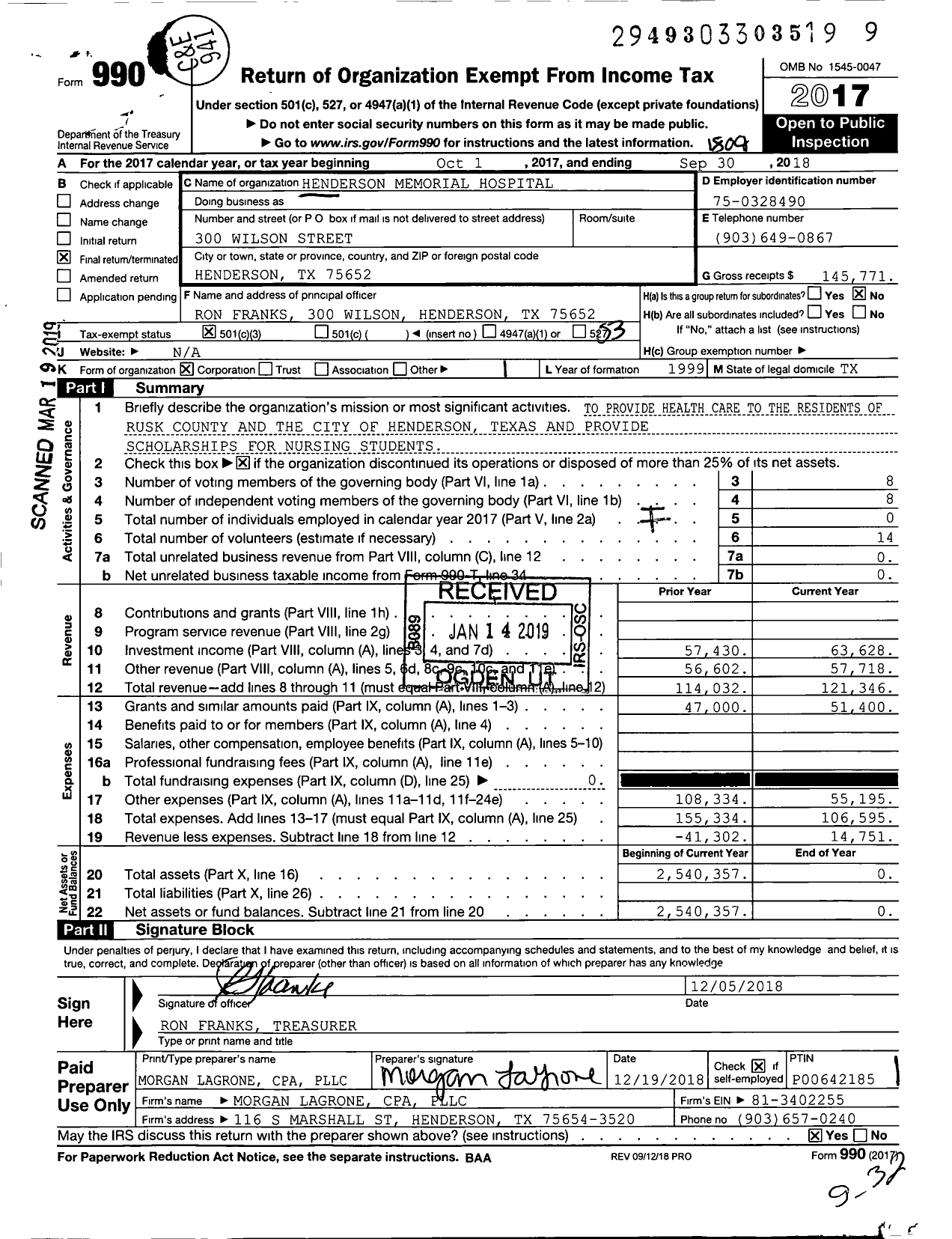 Image of first page of 2017 Form 990 for Henderson Memorial Hospital