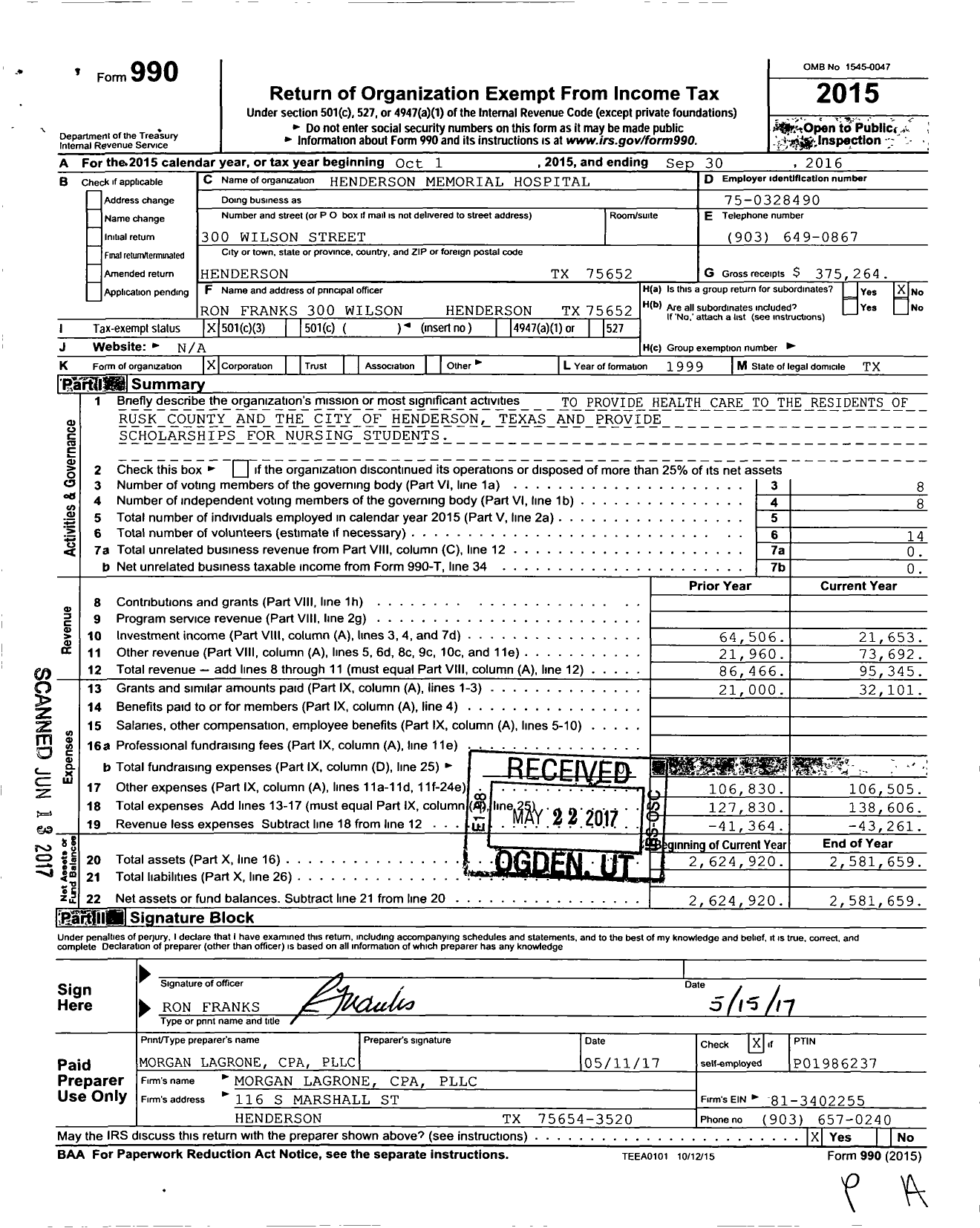 Image of first page of 2015 Form 990 for Henderson Memorial Hospital