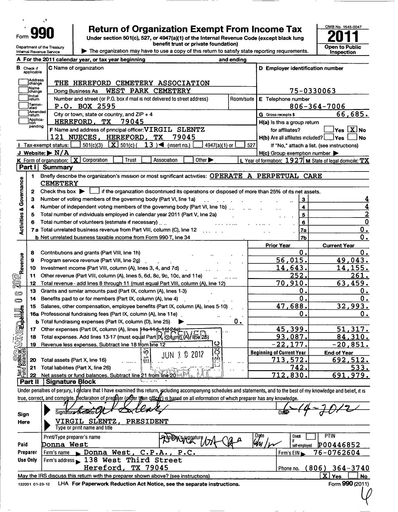 Image of first page of 2011 Form 990O for Hereford Cemetery Association