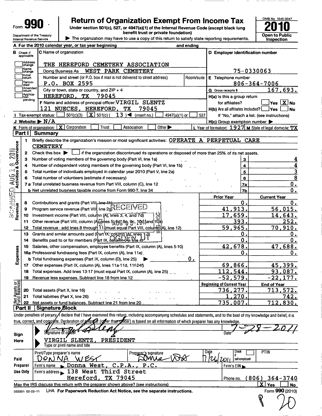 Image of first page of 2010 Form 990O for Hereford Cemetery Association