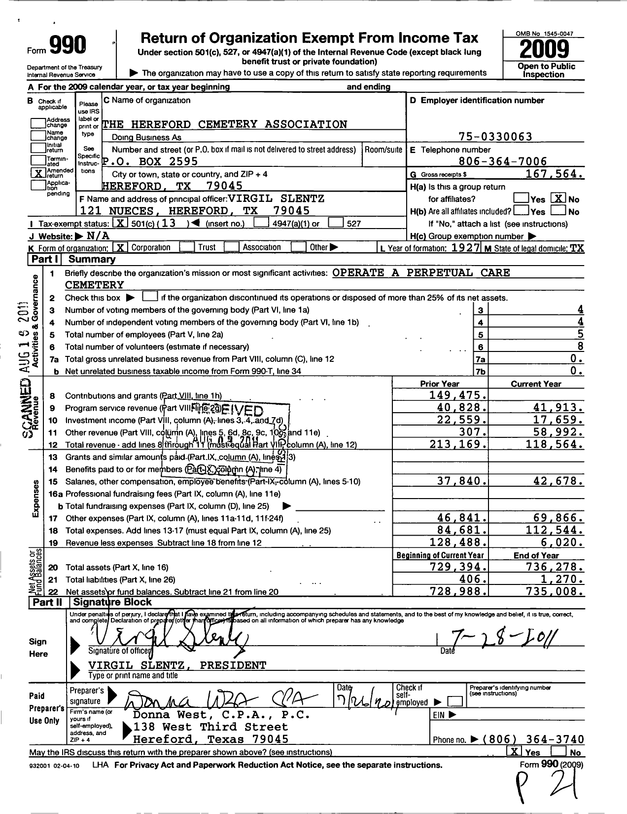 Image of first page of 2009 Form 990O for Hereford Cemetery Association