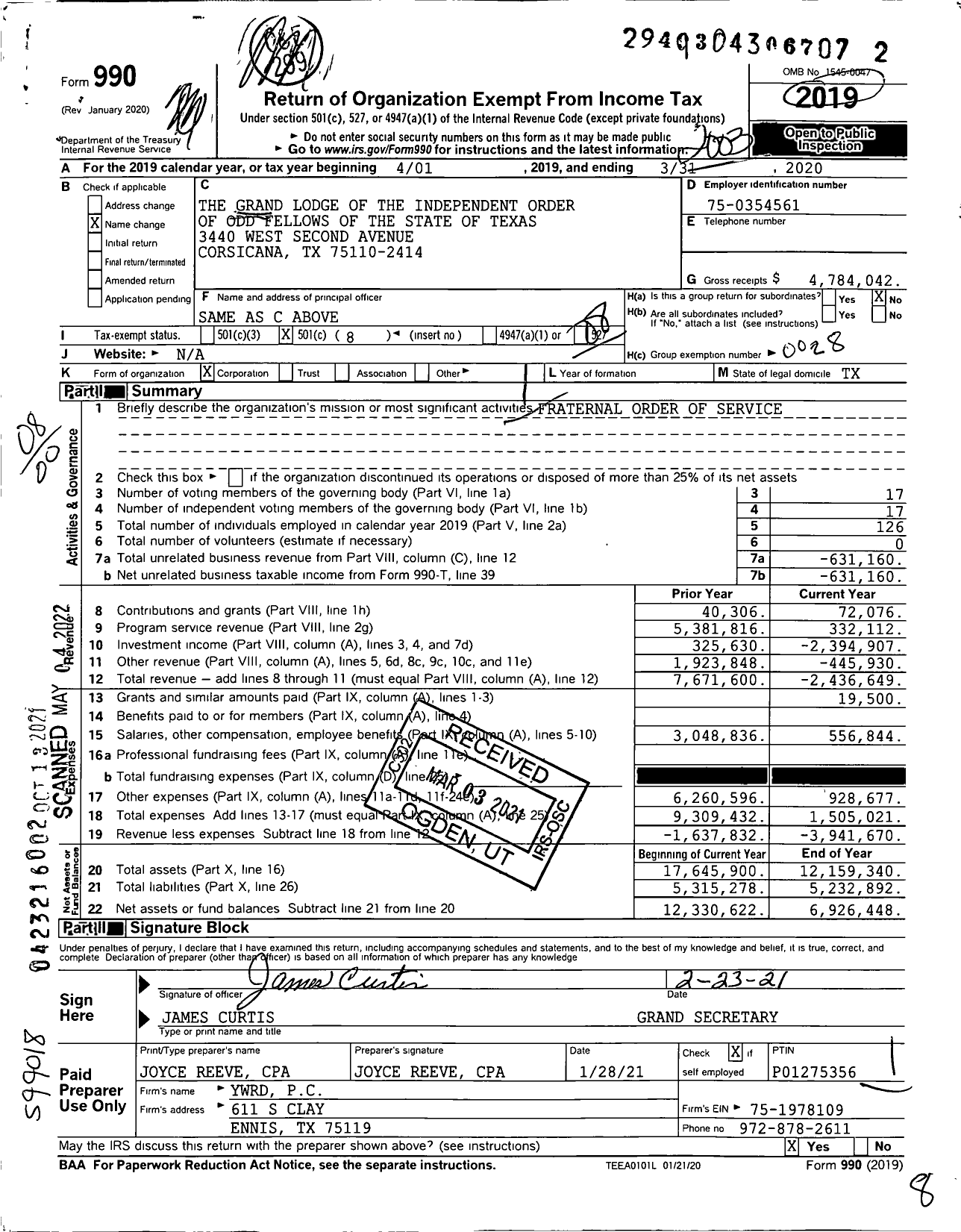 Image of first page of 2019 Form 990O for Independent Order of Odd Fellows - Texas Grand Lodge