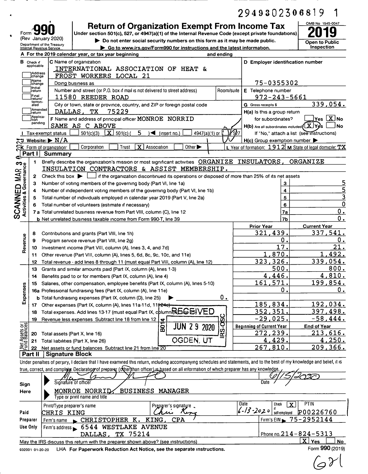 Image of first page of 2019 Form 990O for International Association of Heat and Frost Insulators and Allied Workers - 21 Local