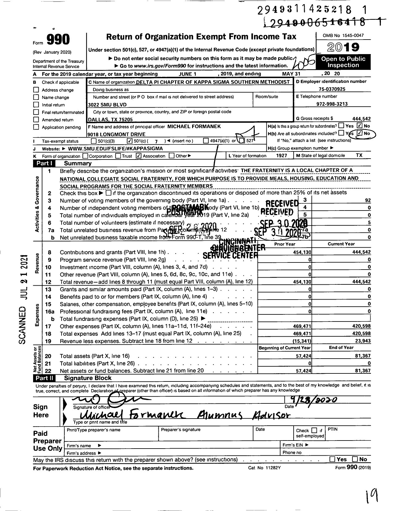 Image of first page of 2019 Form 990O for Kappa Sigma Fraternity - Kappa Sigma Fraternity Southern Methodist University