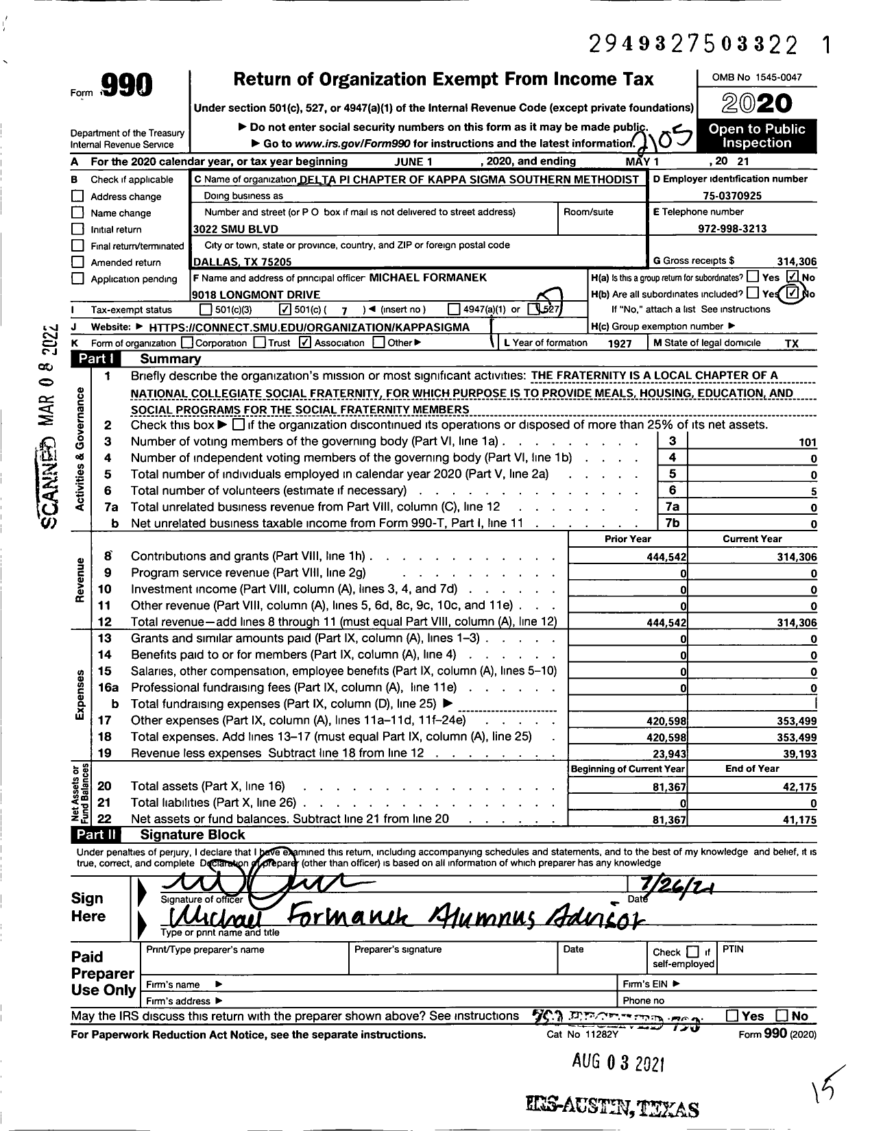 Image of first page of 2020 Form 990O for Kappa Sigma Fraternity - Kappa Sigma Fraternity Southern Methodist University