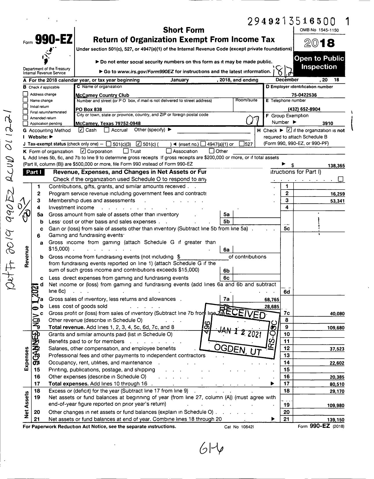 Image of first page of 2018 Form 990EO for Mccamey Country Club