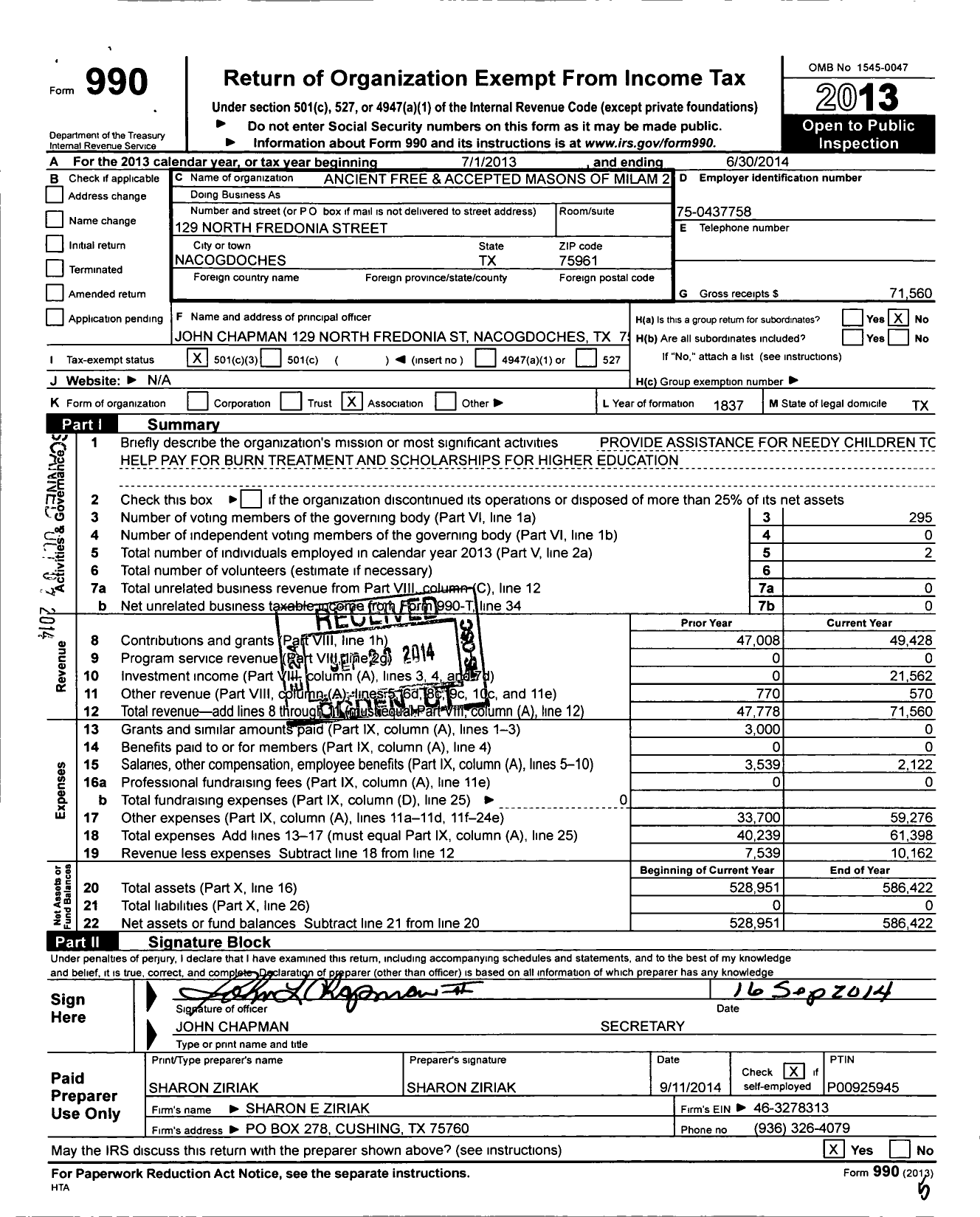 Image of first page of 2013 Form 990 for Freemasons in Texas - 2 Milam