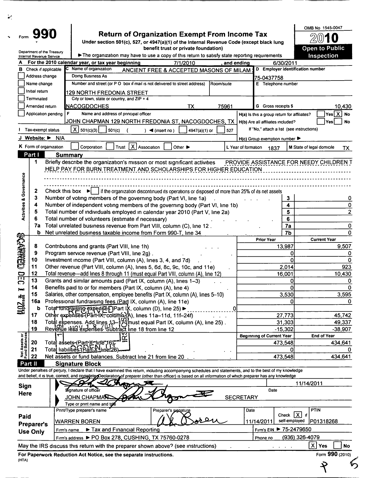 Image of first page of 2010 Form 990 for Freemasons in Texas - 2 Milam