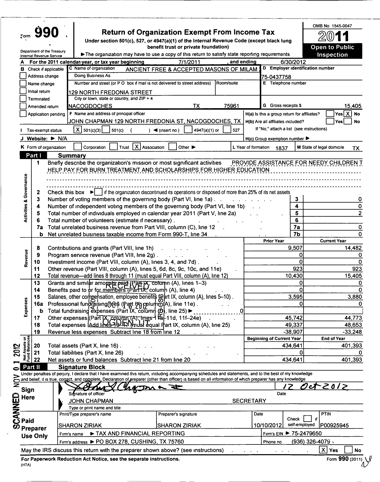 Image of first page of 2011 Form 990 for Freemasons in Texas - 2 Milam