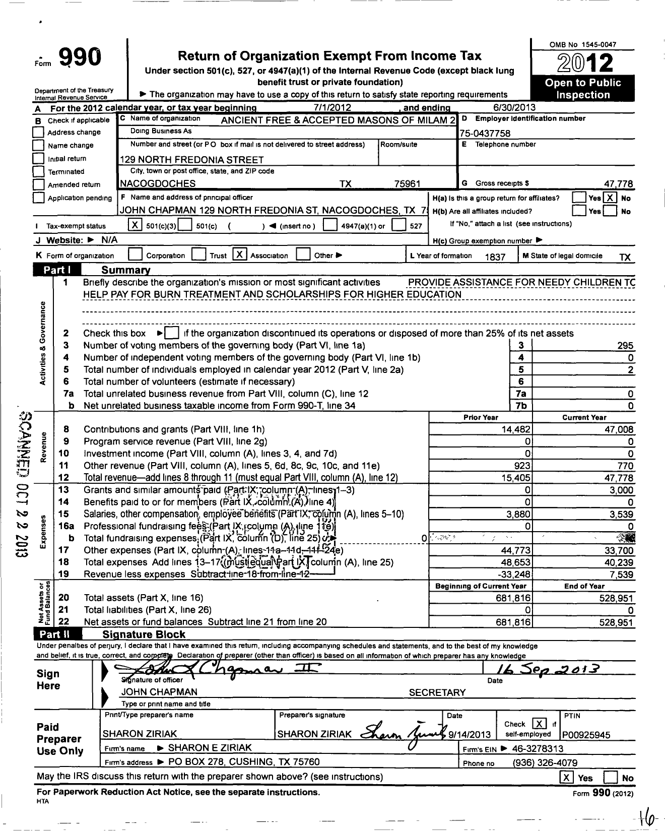 Image of first page of 2012 Form 990 for Freemasons in Texas - 2 Milam