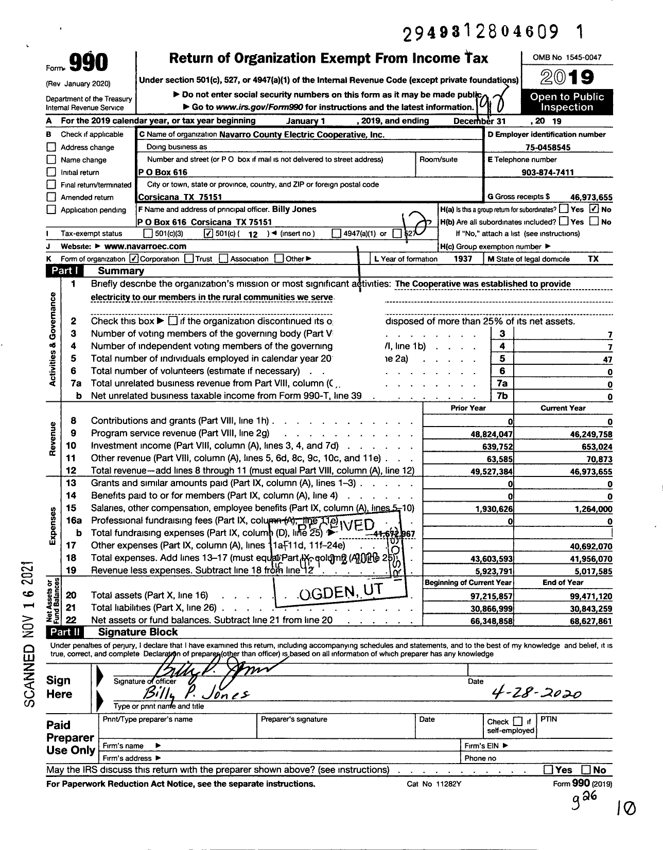 Image of first page of 2019 Form 990O for Navarro County Electric Cooperative