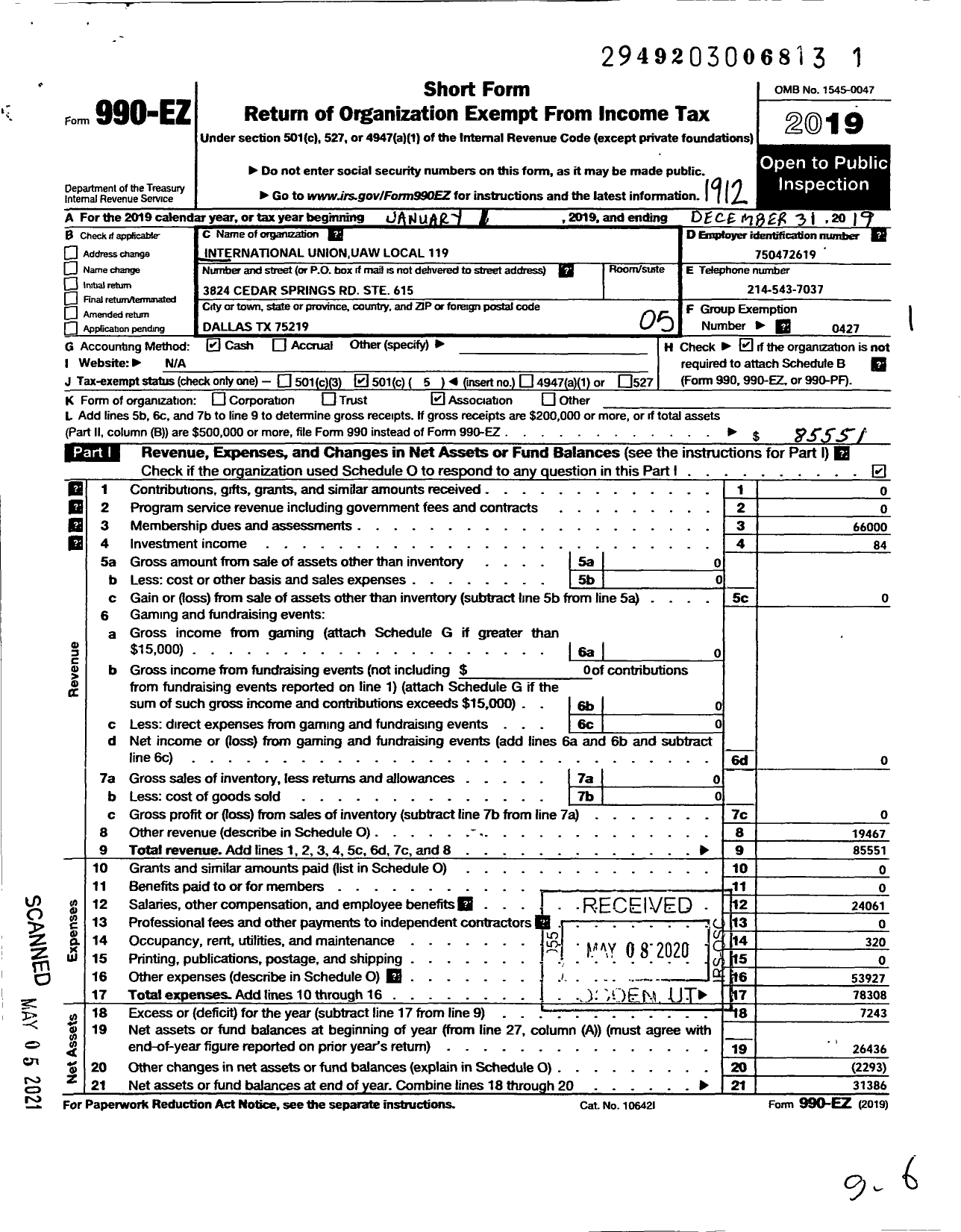 Image of first page of 2019 Form 990EO for UAW - International Union UAW Local 119