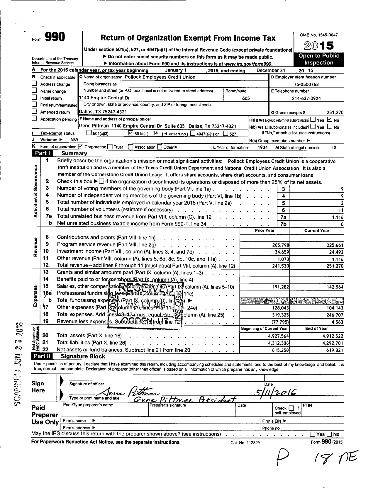 Image of first page of 2015 Form 990O for Pollock Employees Credit Union