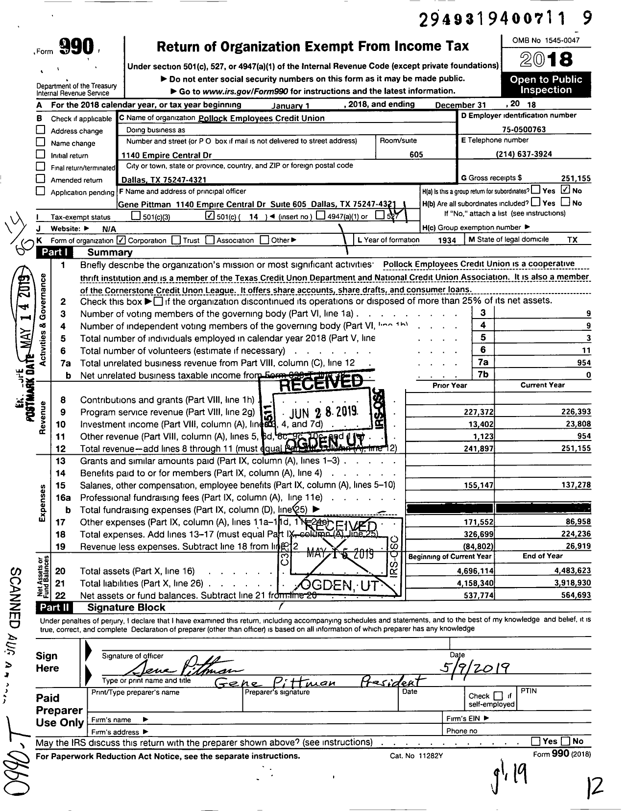 Image of first page of 2018 Form 990O for Pollock Employees Credit Union