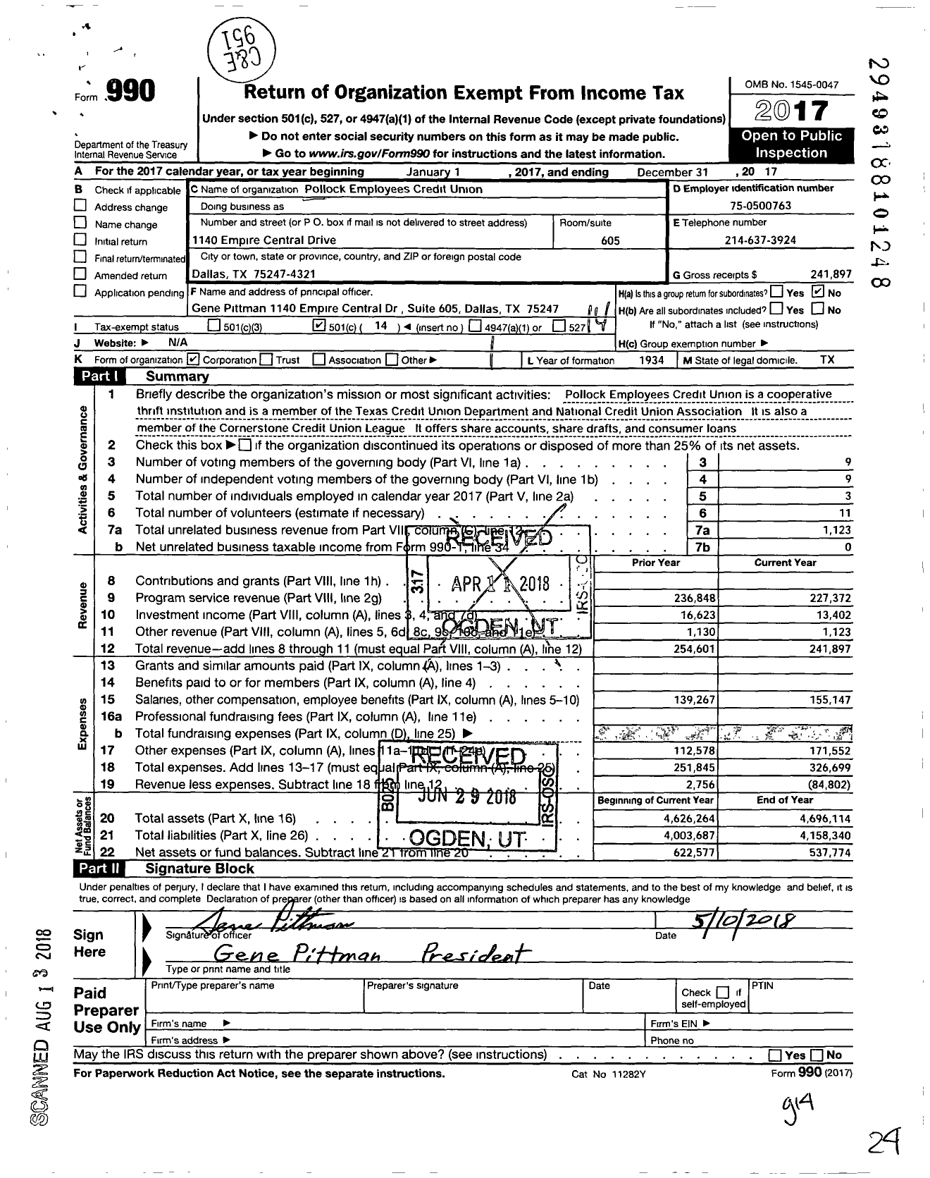 Image of first page of 2017 Form 990O for Pollock Employees Credit Union
