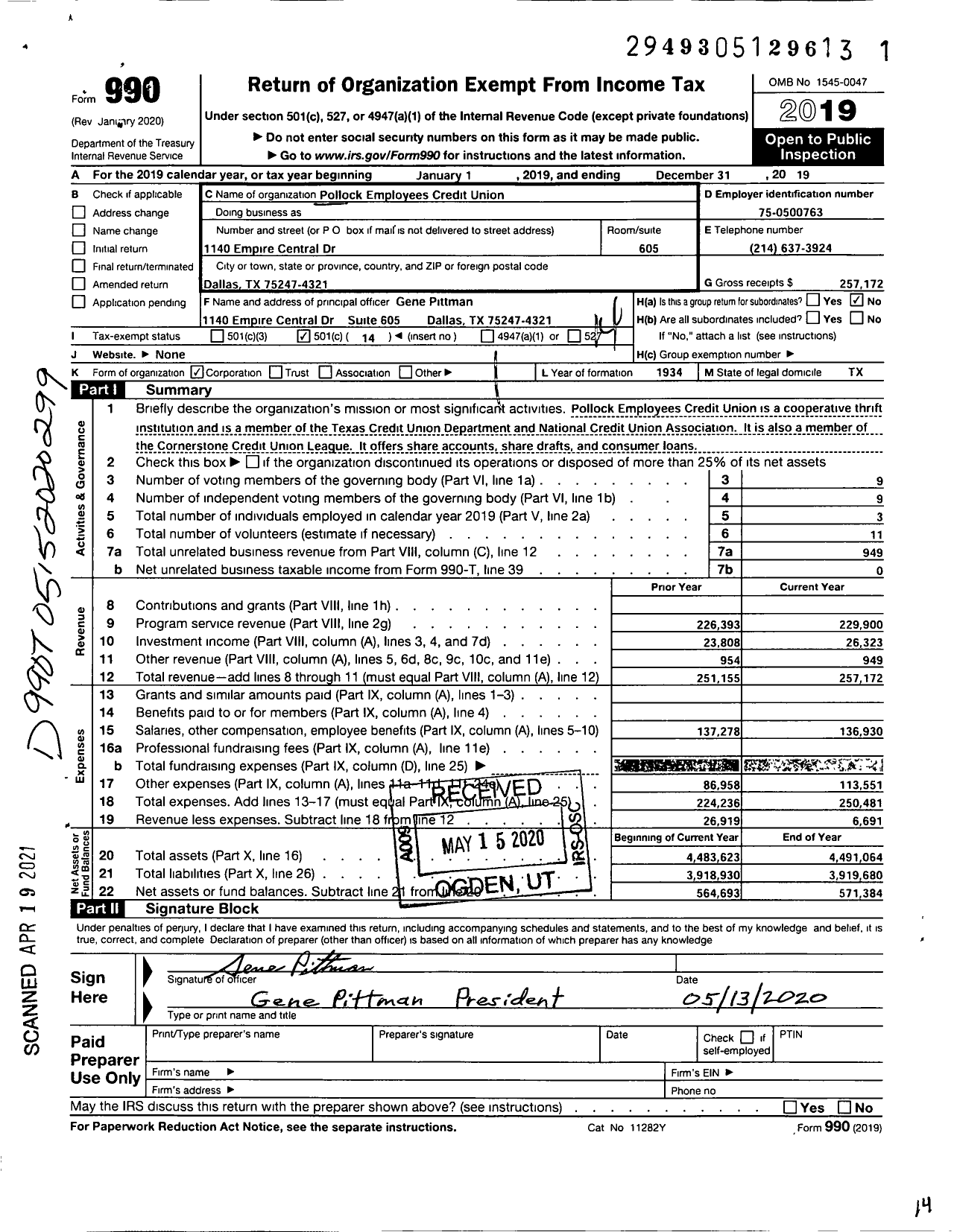 Image of first page of 2019 Form 990O for Pollock Employees Credit Union