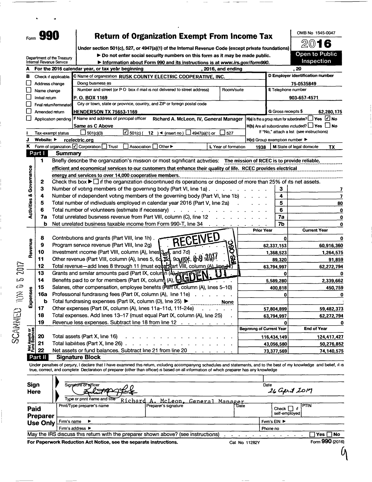 Image of first page of 2016 Form 990O for Rusk County Electric Cooperative