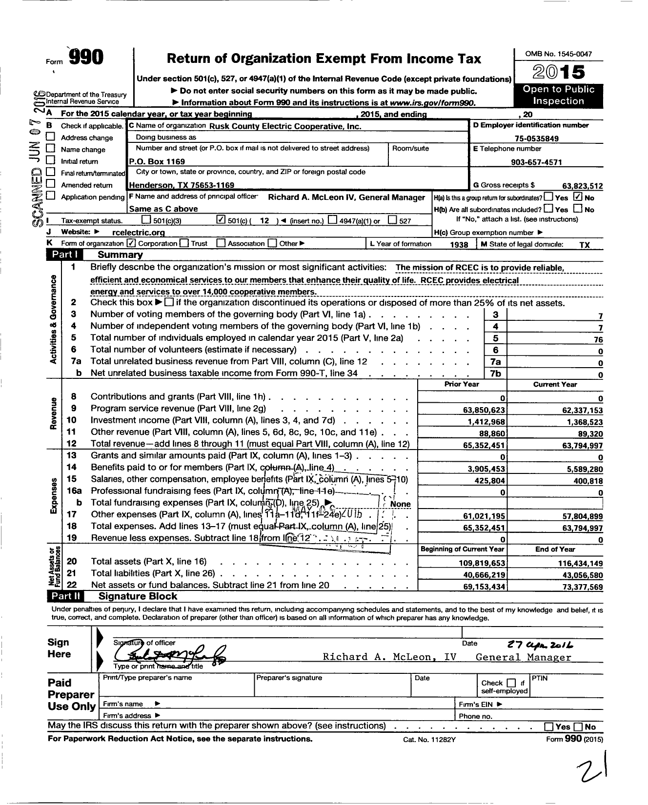 Image of first page of 2015 Form 990O for Rusk County Electric Cooperative