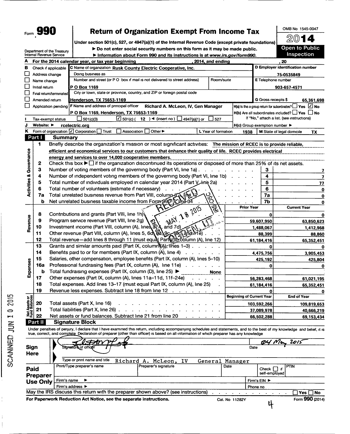 Image of first page of 2014 Form 990O for Rusk County Electric Cooperative